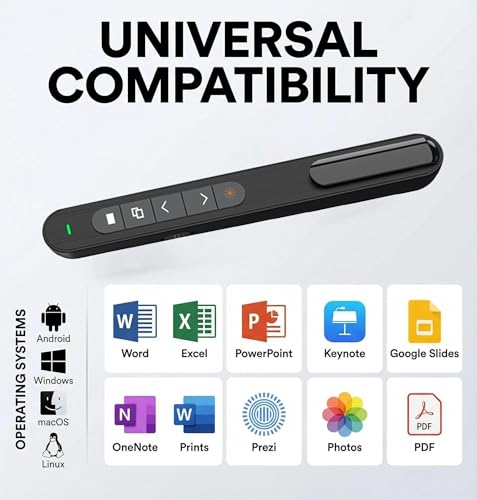 Multifunktionaler Präsentationspointer, Drahtlose Fernbedienung für PowerPoint, Keynote, Google Slides, PDF, MS Word, Kompatibel mit Windows und Linux, 30 Meter Reichweite, Plug Play
