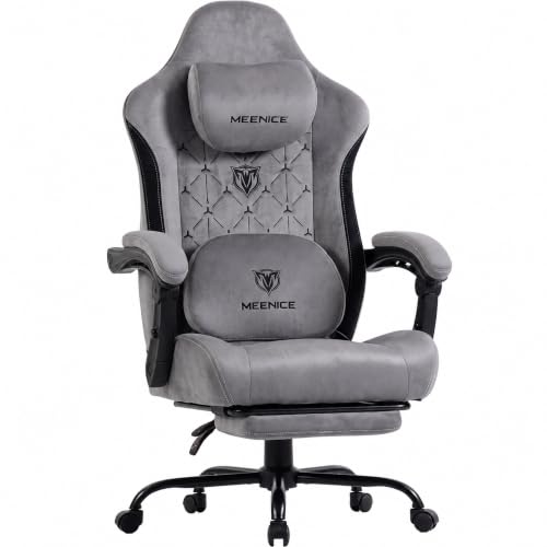 MEENICE Fabric Gaming Chair with Heated Massage Lumbar Support, Pocket Spring Seat, Reclining Computer Chair with Footrest, Breathable High Back Gamer Chair, 350 lbs
