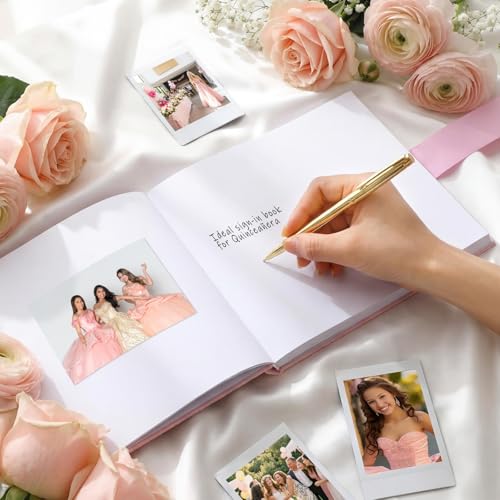 Image of Panelee Velvet Quinceanera Guest Book with Pen Pink Sign in Log with Bow 15 Year Anos Quince Book 144 Page Signature Guest Sign in Keepsake Album for Birthday Party Keepsake Gift