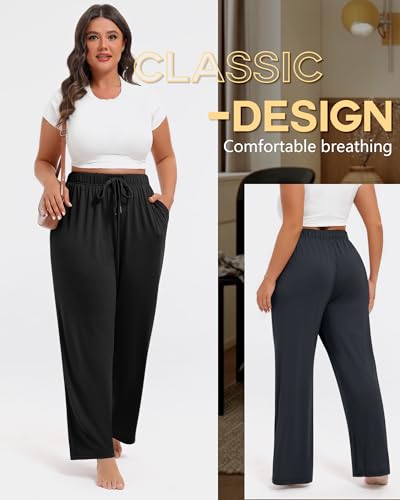 3 Pack Women's Plus Size Wide Leg Pants Drawstring Lounge Pants with Pockets Loose Yoga Sweatpants Casual Jogger2