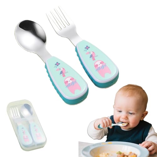 VYNZOR Posate Bambini Acciaio Inossidabile 304,Set 2 Pezzi con Custodia Portatile, Design Simpatico Bradipo,Forchetta e Cucchiaio con Impugnatura Corta per Autonomia a Tavola,per Bambini 1-5 Anni