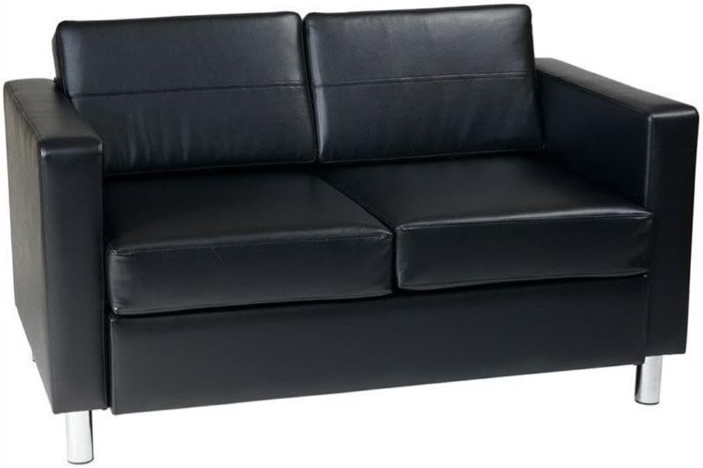 OSP Home Furnishings Pacific Loveseat with Padded Box Spring Seats and Silver Finish Legs, Black Vinyl