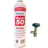 Gas refrigerante 100% organico Minus 50, Guardare tavola di pressione per regolazione e scheda di sicurezza, HYCHILL, Per sistemi con R22 R404 R407C R502 e sostituti, confezione usa e getta 995 ml, peso netto 375 g, valvola inclusa