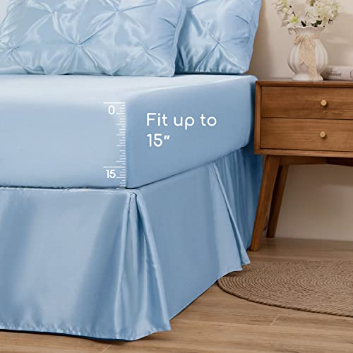 MR&HM Satin Comforter California King 7 Pieces Light Blue - Luxurious Pinch Pleat Bedding Set with Comforter, Flat Sheet, Fitted Sheet, Pillowcases & Shams, Super Silky Soft Bed Set for All Season