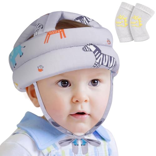 Vicloon Baby Head Protector, Adjustable Infant Safety Helmet & Walking Baby Helmet, Infant Anti-Collision Head Protection Hats, Protection Safety Pads for Baby Learning Walking Crawling (Gray Zoo)