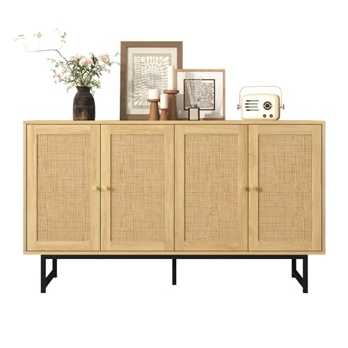 Azkoeesy Rattan Kommode Sideboard 140x39,5x80 cm, Natur mit schwarzen...