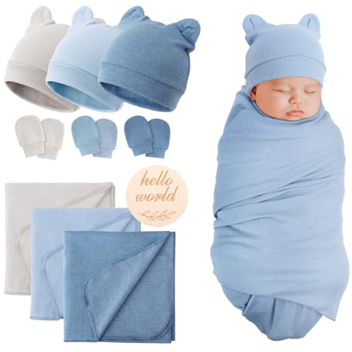 BQUBO 3 Sets Cotton Baby Swaddle Blankets Swaddling Wrap with Hats Mittens Newborn Soft Silky Nursery Receiving Blanket Cute Bear Ears Hat Elastic Gloves Set for Unisex Baby 0-3 Months
