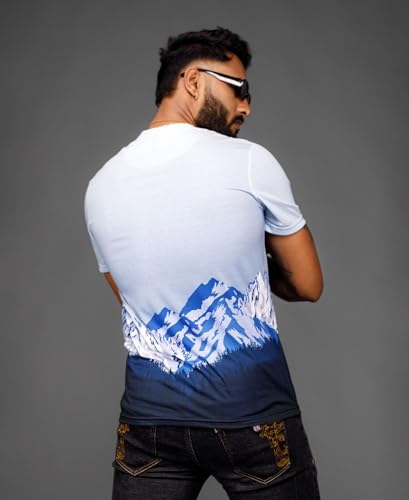 Image of WANDERLOOMS Men Tshirt Front & Back Graphic Printed Full Print Tshirt for Men Round Neck Half Sleeve T-Shirt Blue