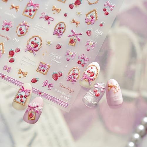 Image of Strawberry & Bow Nail Stickers for Nail Art - Retro Frame Design 5D Embossed Self Adhesive Nails Decals for Women Manicure DIY Decoration Accessories Supply Charms (1 Sheet)