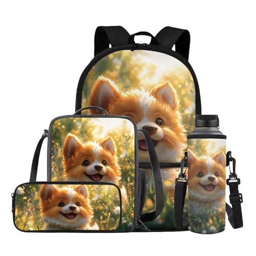 doginthehole Cute Corgi Backpack for School Girls 10-12 Lightweight Backpack with Matching Lunch Box for Girls 4 Pcs Girls School Bag Set for Elementary School Middle School 17inch Bookbag