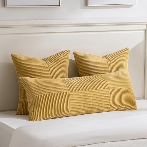 Image of Fancy Homi 2 Packs Mustard Yellow Lumbar Decorative Throw Pillow Covers 16x32 Inch for Living Room Couch Bed, Rustic Farmhouse Boho Home Decor, Soft Striped Corduroy Rectangle Accent Cushion Case