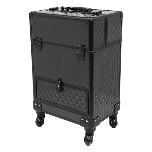 Maletín de maquillaje, maletín de maquillaje, maletín de maquillaje, maletín de peluquería, maletín de uñas, estuche de cosméticos, para estudio y viajes, con 7 compartimentos y 4 ruedas, Negro , 34