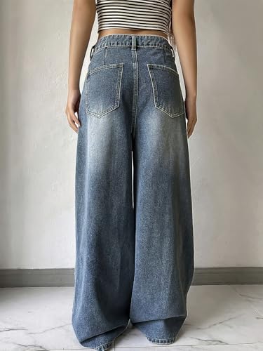 ebossy Women's Casual Loose Barrel Jeans High Waist Inspired Wide Leg Horseshoe Long Denim Pants with Pockets2