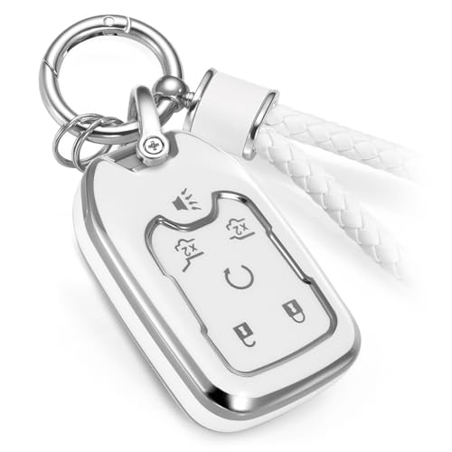 Image of Key Fob Cover for GMC Yukon, White Braided Loop, Silver Edge