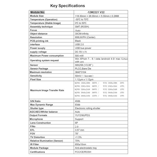 Webcam module IMX258 autofocus pour visioconférence sur ordinateur