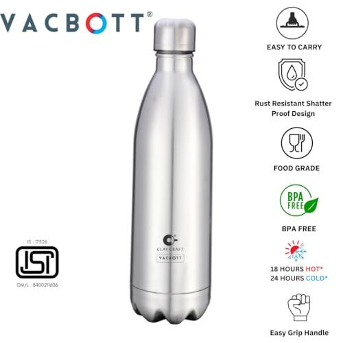 Image of CLAY CRAFT VACBOTT Stark Double Walled|18 Hours Hot and 24 Hours Cold Water Bottle Vacuum Insulated|Flask|Thermosteel Bottle 700ml,Leak Proof|Gym|Travel Bottle|BIS Certified|1Year Limited Warranty
