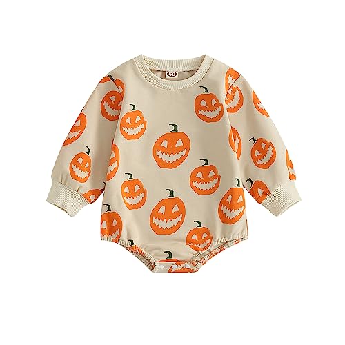 Image of Sasaerucure Infant Baby Girl Boy Halloween Outfit Pumpkins Long Sleeve Romper Sweatshirt Bodysuit Pullover Tops Shirt (Apricot, 0-3 Months)