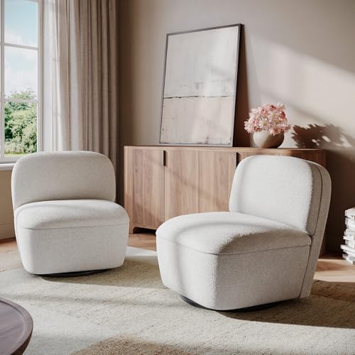 BELLEZE Set of 2 Modern Upholstered Swivel Accent Chair with Hidden Storage, 360Â° Rotating Chair, Easy Assembly Compact Chair for Living Room, Bedroom, Office, Space-Saving Design - White