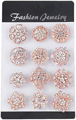 Silver/Gold Plated Assorted Crystal Rhinestones Brooch Pins Set for DIY Wedding Bouquets Kit (rose gold 24pcs)