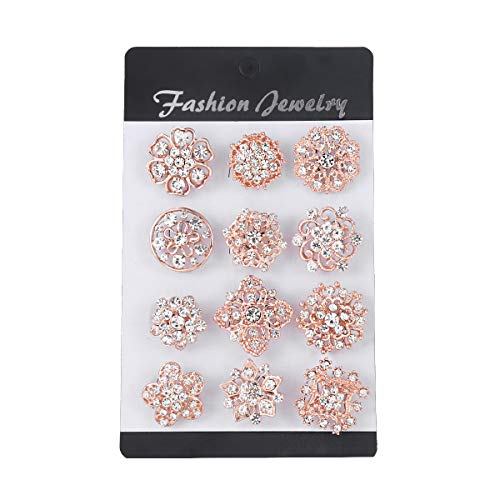 Silver/Gold Plated Assorted Crystal Rhinestones Brooch Pins Set for DIY Wedding Bouquets Kit (rose gold 24pcs)