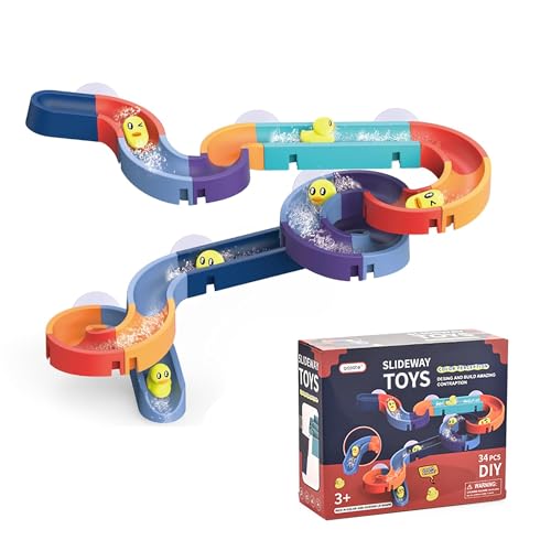 Image of Kidology Small Duck Slide Track Bath Toys for Toddlers - DIY Baby Shower Bathtub Fun Toy, Yellow Ducks Slide Set, Interactive Water Play for Kids, Birthday Gift for Boys & Girls (34 Pcs Set)