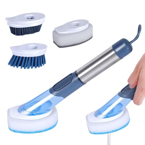 Masthome Brosse à Vaisselle avec Distributeur de Liquide - 4 Têtes de Rechange Différentes pour Casserole, Poele et Evier Nettoyage