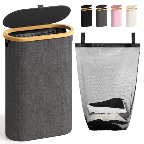 Image of Slim Laundry Hamper with Lid, 60L Small Laundry Basket with Handles&Removable Bag, Thin Dirty Clothes Hampers for Laundry, Narrow Laundry Hampers for Bedroom Aesthetic, Dark Grey