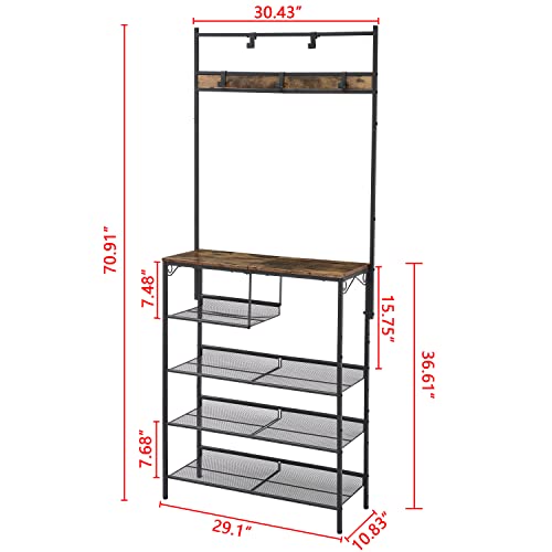 Hoctieon 5-Tier Freestanding Coat Rack With Adjustable Mesh Slant, Sturdy Hall Tree Designed For Boots Storage And Shoes Storage, Multifunctional Shoe And Coat Rack For Entryway, Rustic Brown #TOP5