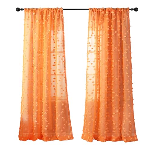 MYSKY HOME Pom Pom Orange Sheer Curtains for Bedroom Girls