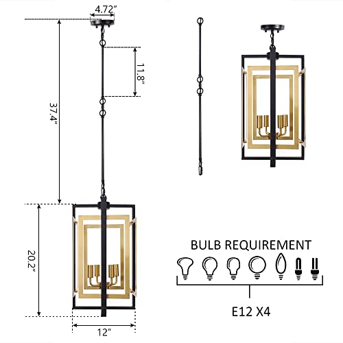 Tochic Black-Gold Metal Farmhouse Chandelier, 4 Light Geometric Cage Chandelier Candle Pandent Light For Hallway Entryway Living Room Kitchen Island Foyer Bar #TOP1