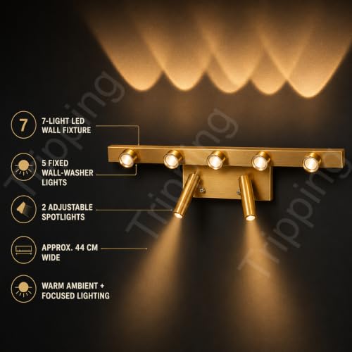 Image of Modern Brushed Gold 7-Light LED Wall Fixture with 5 Fixed Wall-Washer Lights and 2 Adjustable Reading Spotlights, Warm White 3000K Decorative Indoor Wall Lamp for Living Room and Hotel, 44 x 6 x 6 cm