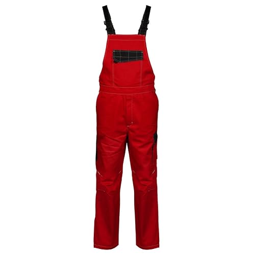 SADISRLS Salopette da Lavoro Professionale Bicolore per Carrozziere Meccanico Gommista Agricoltore, Cotone/Poliestere, Pettorina con Cerniera Zip - Resistente Multitasche (Rosso, L)