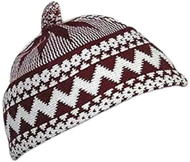 Mens Zigzag HAJI Cap - Kufi All Season Muslim Prayer TOPI Beanie HAT Crown with White Ball - Stretchable ONE Size (RED)
