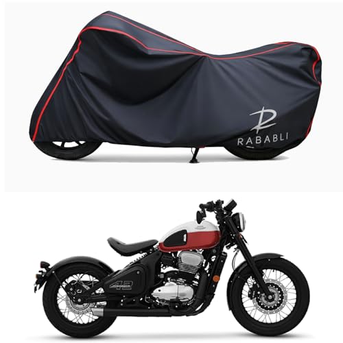 Image of Waterproof Bike Body Cover Compatible for | Jawa 42 Bobber | Taffeta Fabric, Red Piping Design, Bottom Elastic Fit | Dustproof, Sun UV & Rain Protection for All Bikes