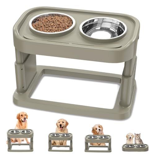 Elevated Dog Bowls, 4 Height Adjustable Raised Dog Bowl Stand with 2 Stainless Steel Dog Food Bowls Non-Slip Dog Feeder for Medium Large Dogs Adjusts to 2.75″, 8.27″, 9.85″, 11.42″ Brown