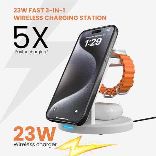 Image of Virtutron 23w 3-in-1 Magnetic MagSafe Charger | Wireless Charging Pad Compatible for iPhone 17 / Plus /Pro Max, iPhone 16 /15 / 14 /13 / 12 Series, Airpods 3rd /2nd gen Fast Charging (White)