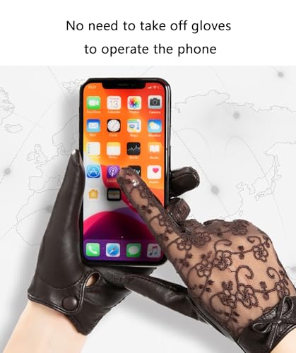 Womens Lace Patchwork Leather Gloves Touchscreen Party Dressy Gloves for Wedding Dinner Party4