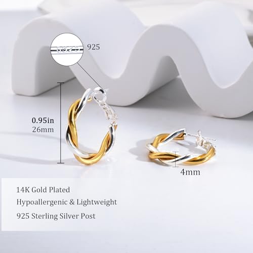 Hypoallergenic Gold and Silver Hoop Earrings for Women, Lightweight Twisted Designed, Mixed Metal with 925 Sterling Silver Post4