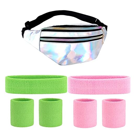Riñonera de los años 80, cinta para la cabeza, neón, años 80, 90, accesorios para mujer, con pulseras y diadema, riñonera ajustable, resistente al agua, para fiestas retro, temáticas de carnaval,