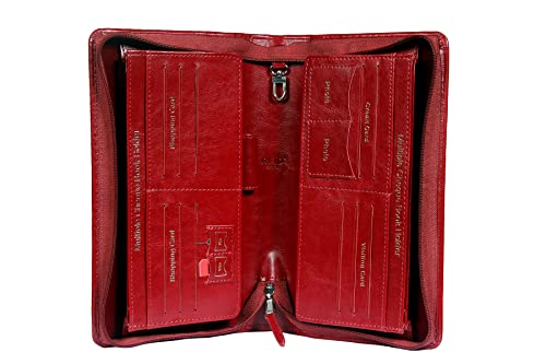 Image of Sukeshcraft Multiple Cheque Book Holder | Original PU Holds Upto 8 Cheque Books, 1 Pin-Sim Slot,14 Credit /Debit Card Slots with Matching Zipper (Pu- Cherry)
