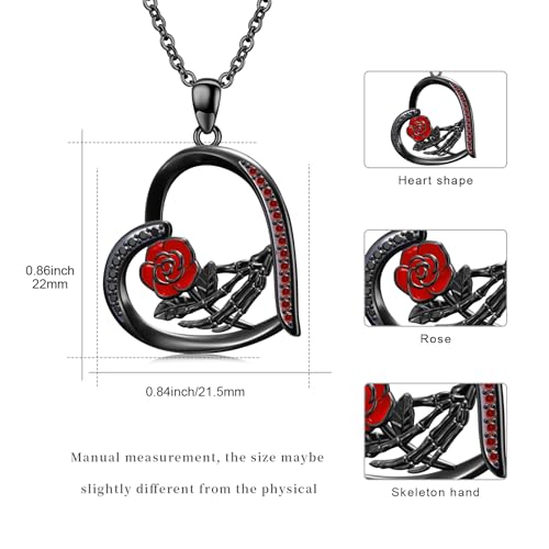 Skeleton Hand Red Rose Necklace 925 Sterling Silver Heart Halloween Pendant Necklace Gothic Jewelry3