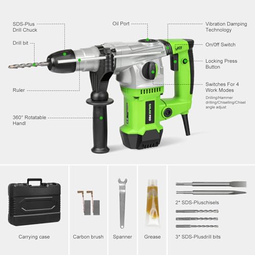 Image of GALAX PRO SDS-Plus Rotary Hammer Drill 1500W 0-4000RPM, 4 in 1 Functions | 360 Anti Vibration Auxiliary Handle, Heavy Duty Electric Rotary Hammer Drill with Case,for Metal, Wood, Brick, Plastic