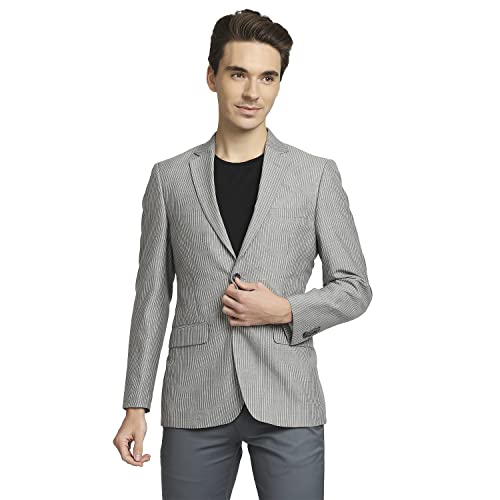 Image of Colorplus Men's Contemporary Fit Terry Rayon Blend Notch Collar Herringbone Pattern Full Sleeve Navy Casual Blazer