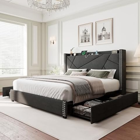 iPormis Queen Storage Bed Frame with 4 Drawers, Upholstered Bed Frame with Minimalist Wingback Headboard and Charging Station, No Box Spring Needed, Dark Gray Cover
