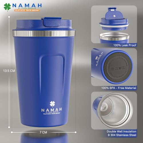 Image of Namah Insulated Coffee Mug Travel with Lid 380ML Stainless Steel Coffee Tumbler Cup for Office & Home, Leak Resistant Matte Finish Hot & Cold Travel Coffee Mug for Men & Women Gift (Ocean Flex)