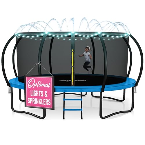 Image of JoyBerri Upsurge Trampoline Outdoor - ASTM Certified Safe 8Ft 10Ft 12Ft 14Ft 15Ft 16Ft Recreational Trampoline for Kids and Adults. Anti-Rust Coating with Enclosure Net, Ladder, Sprinkler & LED Lights