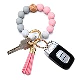 Coolcos Silicone Key Ring Bracelet for Women Portable Keychain Holder, Car Keychain Elastic Beaded Wristlet with Tassel (Baby Pink)
