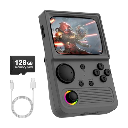 R36T Retro Gaming Console, 3.5'' IPS Screen CRT-Inspired, Handheld Game Console with 22000+ Classic Games Supports WiFi Networked Fighting and OTG, 3500mAh Battery, with Portable Case(Grey 128GB)