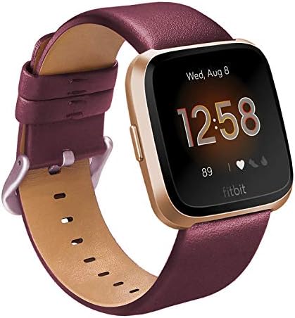 Aladrs Genuine Leather Watch Straps Compatible For Fitbit Versa Bands, Elegant Wristband Replacement For Fitbit Versa / Versa 2 / Versa Lite Edition / Versa Special Edition Smart Watches, Wine Red
