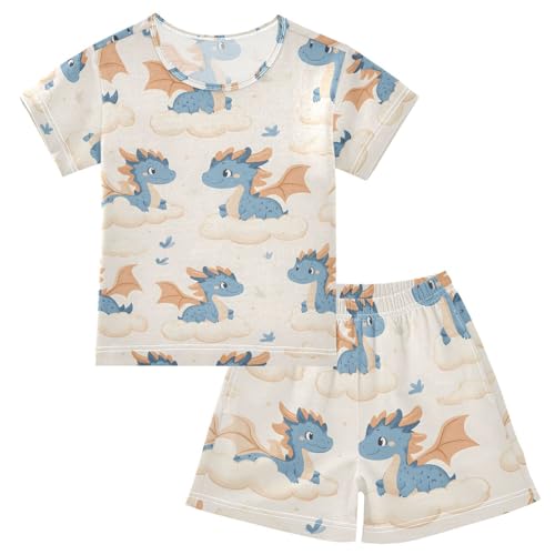 ALAZA Cute Dragon Cloud Cartoon Pajamas Set Short Sleeve Cotton Sleepwear Summer Pjs 2 Piece 5-14Y